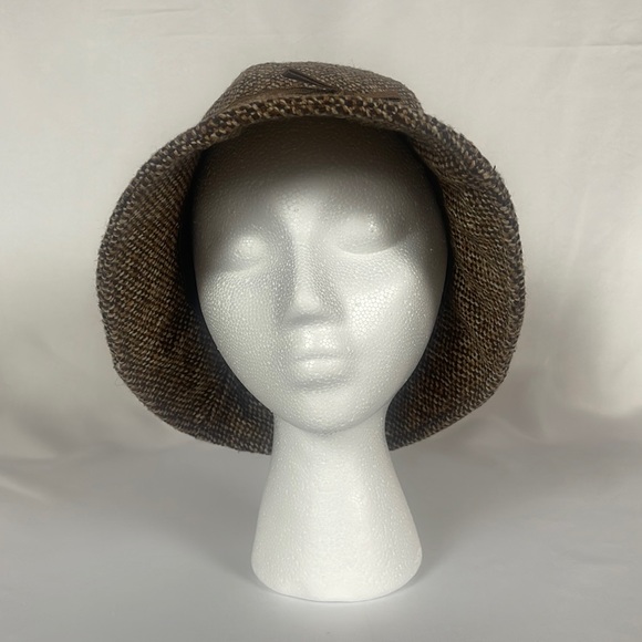 Brown Tweed Cloche Wool Panel Bucket Hat Ribbon Bow Trim Heathered Lined Women’s - Picture 3 of 15
